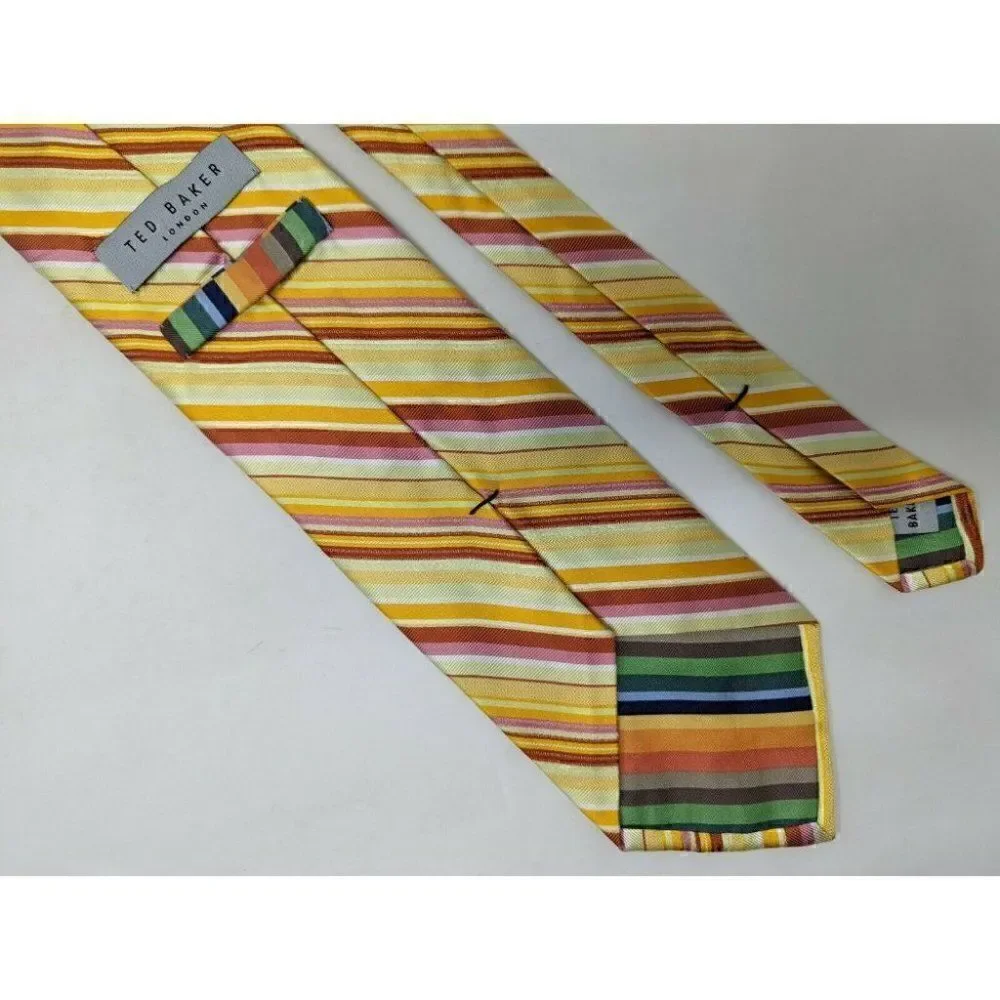 TED BAKER LONDON SILK TIE BRIGHT COLORFUL ORANGE RED YELLOW STRIPE 3.75